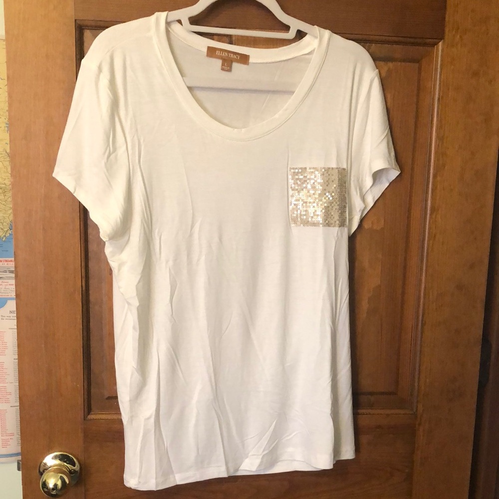 Ellen Tracy White Sequin Pocket Women's Top